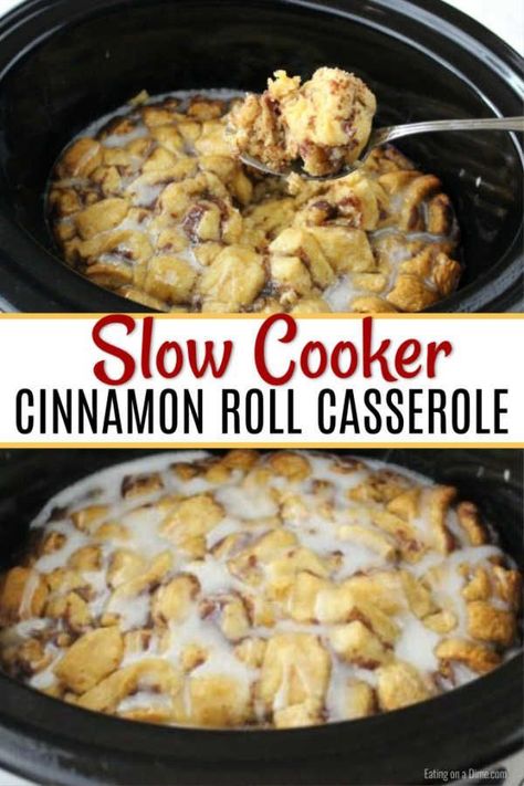 Cinnamon Roll Casserole Easy, Crockpot Cinnamon Roll Casserole, Crock Pot Cinnamon Roll Casserole, Slow Cooker Cinnamon Rolls, Cinnamon Roll Casserole, Breakfast Crockpot Recipes, Crockpot Dessert Recipes, Crock Pot Desserts, Crockpot Breakfast