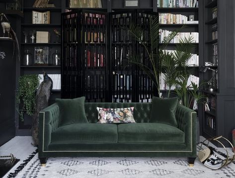 Dark Green And Black Aesthetic, Couch Color Ideas, Black Interior Walls, White And Green Living Room, Green And Black Aesthetic, Living Room Decor Dark, Dark Rugs, Green Velvet Sofa Living Room, Home Sweet Hell