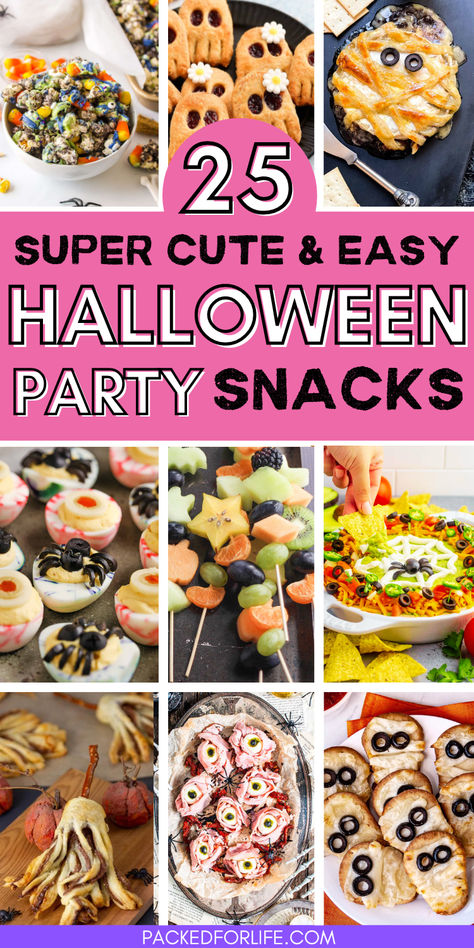 A collage of fun Halloween party food ideas, with a variety of cute and easy Halloween finger foods like spooky fruit skewers, mummy mini pizzas, monster-themed popcorn, and other creative snack options for a Halloween celebration. Small Halloween Party Food Ideas, Halloween Fun Foods For Kids, Kids Halloween Treats To Make, Halloween Birthday Snack Ideas, Halloween Spooky Snack Ideas, Spooky Sides For Halloween, Finger Foods For Kids Halloween Party, Kids Halloween Party Snack Ideas, Kid Halloween Party Food Ideas