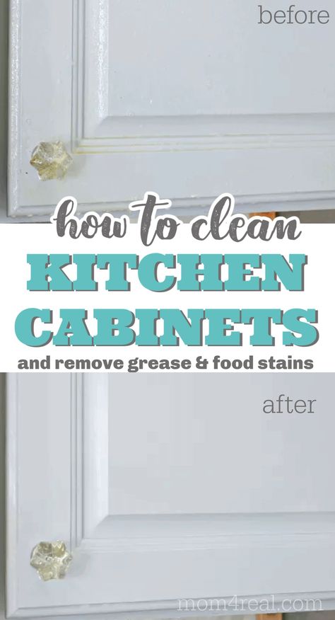 Over time your kitchen cabinets can get dirty, and accumulate grease and food stains. Let me show you how to clean kitchen cabinets and remove grease with just a few simple ingredients and in a short amount of time. This easy kitchen cabinet cleaning method works for wood cabinets and painted cabinets too! Best Way To Clean White Cabinets, Kitchen Cabinet Cleaning, How To Clean Kitchen Cabinets, Cabinet Cleaner, How To Clean Kitchen, Kitchen Degreaser, Cleaning Grease, Remove Grease Stain, Laminate Kitchen Cabinets