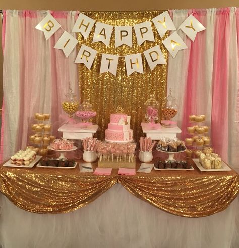 Pink & Gold Dessert Table Pink White And Gold Party Decoration Dessert Tables, Pink And Gold Treat Table, Dessert Table Ideas 50th Birthday, Pink Sweets Table, Pink Dessert Table Ideas, Sweet 16 Dessert Table Ideas, Pink Snack Table, Pink And Gold Party Theme, Pink Treat Table