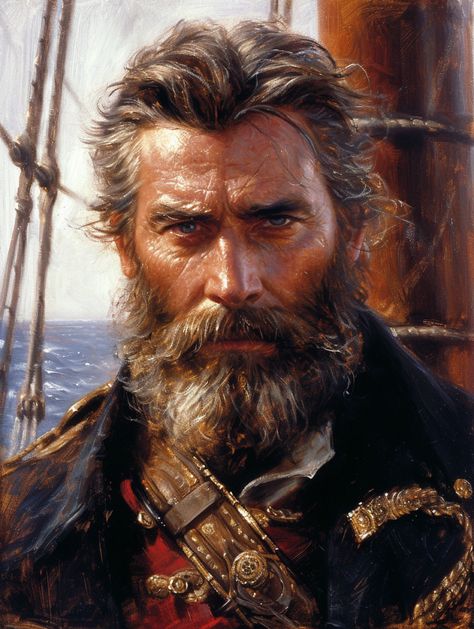 Pirate Character Art Male, Npc Dnd, Fantasy Pirate, Pirate Of The Caribbean, Piercing Blue Eyes, Dnd Portraits, Potato Girl, Thick Beard, Pirate Art