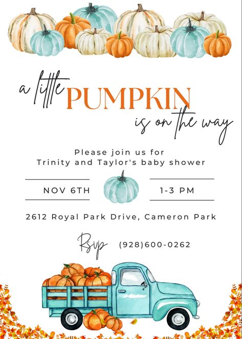 Fall Baby Shower Invitations Boy, Fall Baby Sprinkle Ideas For Boys, November Baby Sprinkle Ideas, November Baby Boy Shower Ideas, Baby Shower Fall Theme Boys, Fall Baby Boy Shower Themes, A Little Pumpkin Baby Shower Theme Boy, Blue Fall Baby Shower Ideas, A Pumpkin Is On The Way