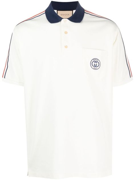 Interlocking-G stripe-detailing polo shirt from Gucci featuring off-white, stretch-cotton, stripe detailing, signature Interlocking G logo, logo patch at the chest, polo collar, short front button fastening, chest patch pocket, short sleeves and straight hem. This item is in size L and the color is G Logo, White Polo Shirt, Polo Shirt White, White Polo, Gucci Men, Polo Collar, Polo Shirts, Shirt White, New Beginnings