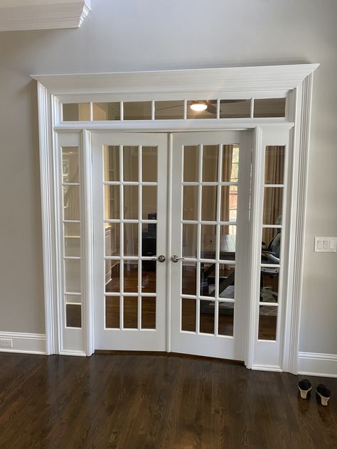 Interior French Doors With Transom, Small Office French Doors, French Doors Interior Bedroom, French Door Trim, French Doors For Office, Interior French Door Ideas, French Door Office, French Doors With Side Windows, Home Office With French Doors