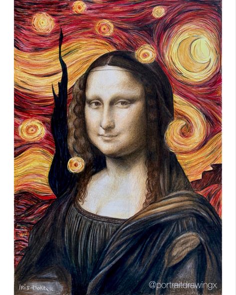 I made this drawing of the Mona Lisa from Leonardo da Vinci with the Starry Night from Vincent Van Gogh in the background. Lisa Drawing, Mona Lisa Drawing, The Mona Lisa, The Starry Night, Vincent Van, Vincent Van Gogh, Van Gogh, Starry Night, Mona Lisa