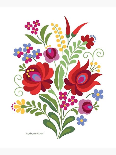 "Hungarian Folk Design Red Peppers on White" Mounted Print for Sale by bpixton | Redbubble Polish Folk Art, Hungarian Embroidery, Folk Art Flowers, Folk Design, A Bouquet Of Flowers, Scandinavian Folk Art, Pola Sulam, Folk Embroidery, Blogger Tips