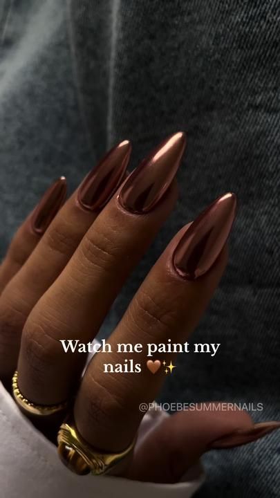 Chrome Nails With Highlighter, Burnt Orange Nails With Chrome, Metallic Copper Nails, Brown And Gold Chrome Nails, Copper Metallic Nails, Brown Nail Polish Ideas, Call Chrome Nails, Moscow Mule Nails Chrome, Copper Chrome Nails Fall