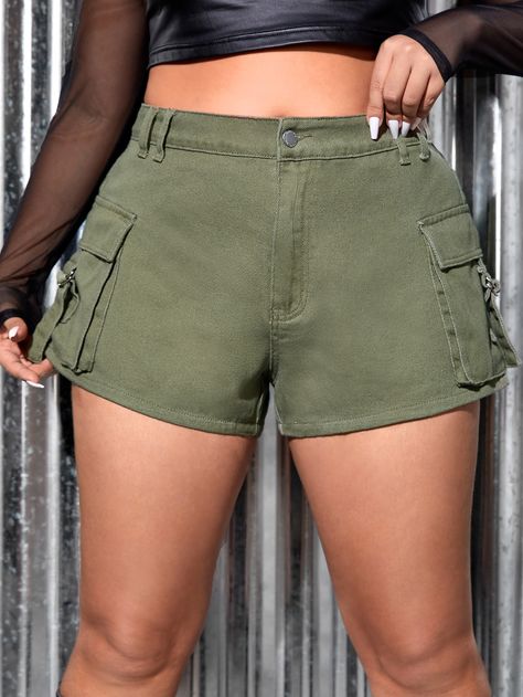 Green Denim Shorts With Pockets, High-waist Green Shorts With Cargo Pockets, Green Military Cargo Shorts With Pockets, Green Military Style Cotton Cargo Shorts, Plus Size Denim Shorts, Military Khaki Shorts With Pockets, Plus Size Denim, Shein Icon, Collared Greens