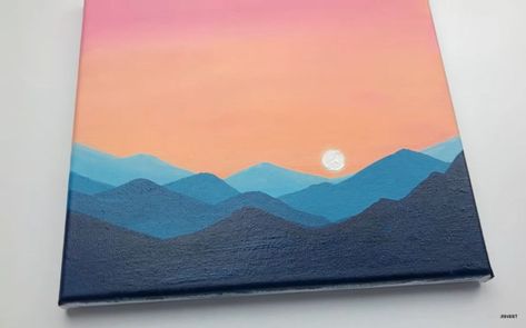 Mountain Sillhoute Painting, Acrylic Creative Painting, Easy At Home Paintings, Adventure Canvas Painting, Parking Spot Painting Mountains, Mountain Sky Painting, Paint Mountains Easy, Beginner Mountain Painting, Sunset Painting With Mountains