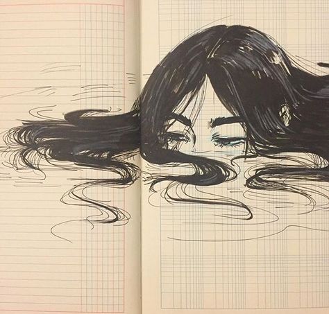 Love the depth created by the hair floating in water Look Behind Pose Drawing, Sketchpad Ideas, Indie Kunst, Art Meaningful, Inspirational Drawings, Sketch Aesthetic, Art Inspiration Ideas, Sketches Doodles, Arte Indie