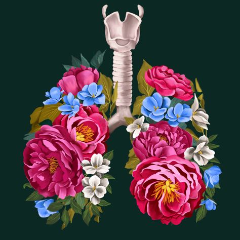 Hot pink peonies with small light blue and white flowers in the shape of lungs. Lungs Painting, Floral Lungs, Lungs Art, Lung Transplant, Breath Of Life, Acrylic Artists, Indie Art, A Breath Of Fresh Air, Breath Of Fresh Air