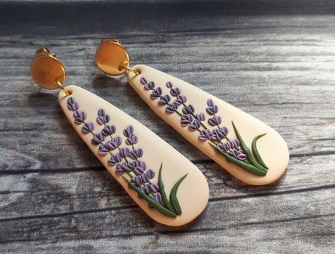 Lavender Polymer Clay Earrings, Lavender Clay Earrings, Polymer Clay Lavender, Unique Clay Earrings, Clay Lavender, Lavender Birthday, Lavender Earrings, Polymer Clay Flower Jewelry, Diy Earrings Polymer Clay