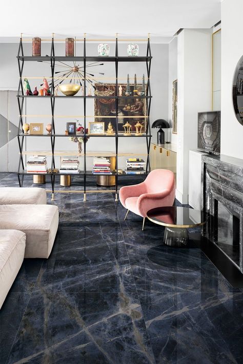 Marble Floor Living Room, Black Marble Floor, Black And White Interior, Marble Flooring, Calacatta Gold, Tiles Design, Marble Floor, Blue Marble, Decor Home Living Room