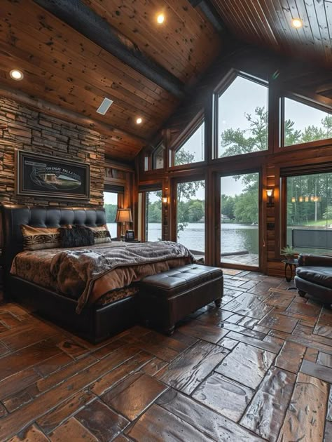 Log Cabin Mansions Dream Homes, Cabin Flooring, Barndominium Hunting Lodge, Log House Plans 4 Bedroom, Countryside Homes, Master Cabin Bedroom, Cabin Vibes, Rustic Bedroom Design, Log Furniture Beds & Bed Frames