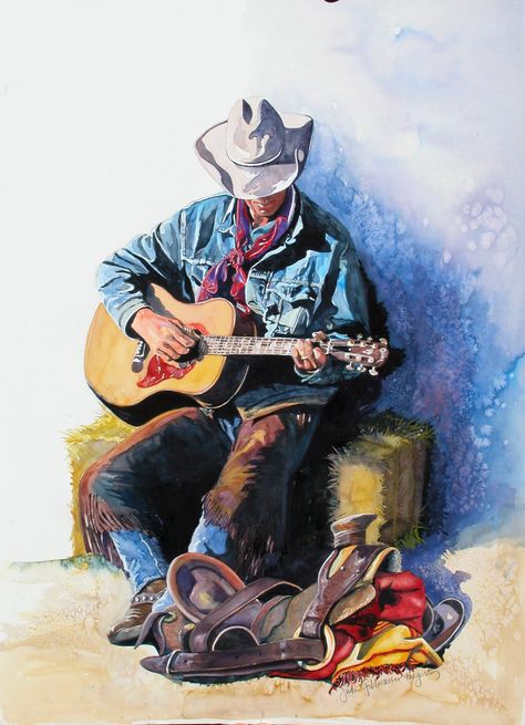 Cowboy Blues Art Cowboy Poster, Cowboy Wall Art, Art Guitar, Cowboy Pictures, Western Artwork, Western Paintings, Western Artist, West Art, Cowboy Art