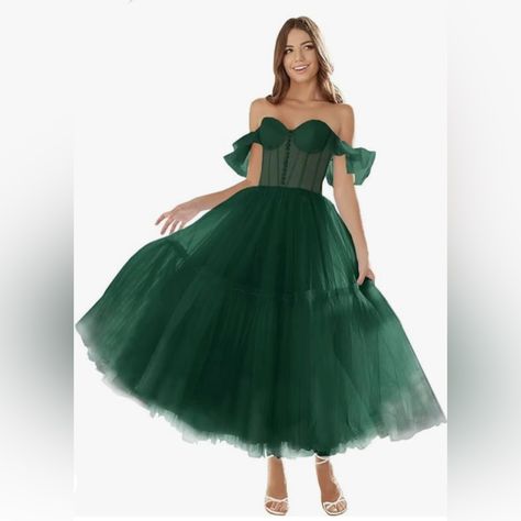 Fabric: Tulle Neckline: Sweetheart Dresses Length: Tea Length Back Design: Drawstring Silhouette: A Line Off Shoulder Tulle Dress, Corset Fairy, A Line Ball Gown, Red Peplum Dresses, Off Shoulder Tulle, Green Ball Gown, Tea Length Prom Dress, Sweetheart Corset, Night Gown Dress