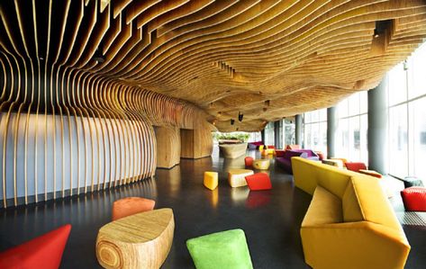 genexis theater, fusionopolis by ARUP/WOHA Theatre Foyer, Foyer Interior Design, Foyer Interior, Small Office Interior Design, Cool Office Space, School Interior, Architecture Ideas, Foyer Design, Theatre Design