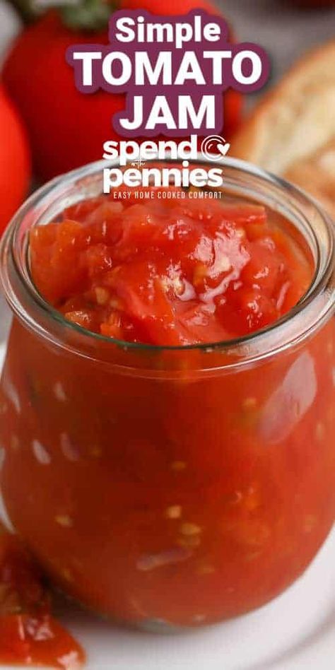 This sweet and spicy tomato jam is so simple and easy to toss together. Tomatoes are simmered with a little honey, some serrano chilis, and some apple cider vinegar. It is the best for topping sandwiches and adding to omelets. So simple, so easy, and so tasty. #tomatojamrecipe #homemadetomatojam #easytomatojam #spendwithpennies Spicy Tomato Jam, Tomato Jam Recipe, Bacon Grilled Cheese, Tomato Jam, How To Peel Tomatoes, Delicious Appetizer Recipes, Easy Cheesecake Recipes, Jam And Jelly, Jam Recipe