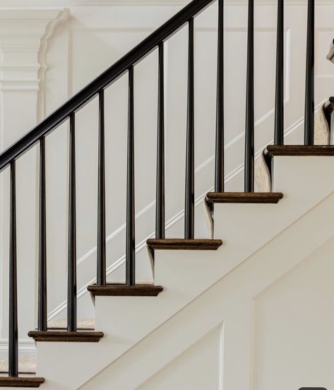 Black Handrails For Stairs, Traditional Stairs, Modern Vintage Interior Design, Painted Stair Railings, Black Stair Railing, Wood Railings For Stairs, Boston Interior Design, Stair Spindles, Stair Balusters