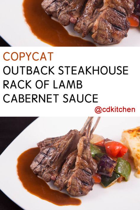 Copycat Outback Steakhouse Rack of Lamb Cabernet Sauce - Can you say impressive? Rack of lamb is a showstopper no matter what, but the rich Cabernet sauce will really raise some eyebrows. Made with cabernet wine, butter, flour, parsley, au jus, lamb seasoning, garlic powder | CDKitchen.com Lamb Sauce Recipes, Lamb Seasoning, Outback Steakhouse Recipes, Copycat Outback, Lamb Casserole, Lamb Sauce, Steakhouse Recipes, Wine Butter, Recipe Hacks