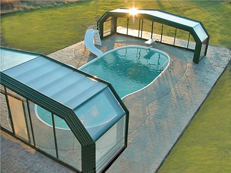 This Michigan retractable pool enclosure, manufactured & designed by Roll-A-Cover, gives these homeowners year-round use of their swimming pool. The swimming season in MI is quite short, so the family was not getting enough use of their pool investment without their retractable pool enclosure.  Roll-A-Cover’s pool enclosures are retractable, opening & closing in moments with just 2 people sliding the enclosure and ensure year-round use of your pool! Retractable Enclosure, Ideas De Piscina, Swimming Pool Enclosures, Moderne Pools, Pool Shade, Indoor Pool Design, Pool Covers, Pool Stuff, Residential Pool