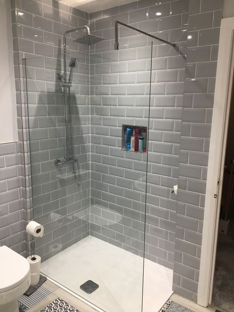 Grey Brick Tiles Bathroom, Grey Metro Tiles Bathroom, Brick Tiles Bathroom, Shed Bathroom, Metro Tiles Bathroom, White Brick Tiles, Brick Bathroom, Gray Shower Tile, Small Shower Room