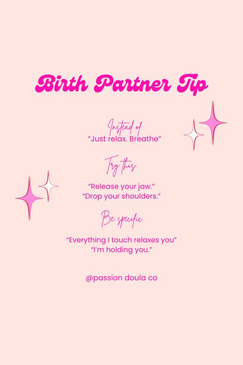 As your birth doula, I will teach your partner how to best support you during birth and one those is with reassurance and guiding words. Reminders to breathe deeply and relax your head and shoulders to open your pelvis.  #etxdoula #passionddoulaco #birthdoula #labortips #laboraffirmations Birth Preferences, Doula Quotes, Doula Art, Birth Advice, Pregnancy Prayer, Pregnancy Facts, Birth Partner, Doula Business, First Time Pregnancy