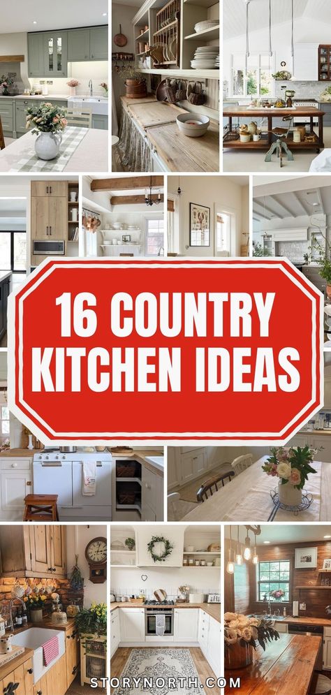 Save this pin for 16 cozy country kitchen ideas that will turn your home into a charming retreat. Explore creative designs and decor tips to create a warm and inviting kitchen space. #CountryKitchen #HomeDecorationIdeas #CozyRetreat #KitchenDesigns Country Kitchen White Cabinets, Country Kitchen Layout, Country Farmhouse Decor Kitchen Rustic, Village Kitchen Design, Updated Kitchen Ideas, Country Kitchens Ideas, Country Kitchen Makeover, Kitchen Remodel Small Farmhouse, Cozy Kitchen Cottage