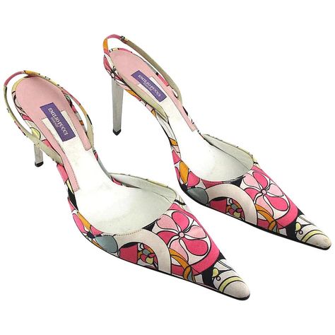 Those Emilio Pucci prints are immediately recognized as bold fashion statements by the iconic Italian designer. These vintage Pucci high heel slingback shoes have pointy toes, a colorful silk print Vintage Pucci, Pucci Vintage, Fashion Statements, Slingback Shoes, Italian Designer, Slingbacks, Pointed Toe Shoes, 4 Inch Heels, Emilio Pucci