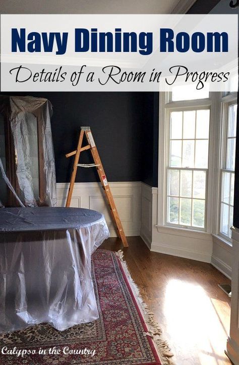 One Room Challenge (ORC) Week 2 (Progress, Painting and Shopping). Details of a dining room transformation in progress. Navy blue decor and paint color choices. See all the updates to this navy blue dining room! Dining Room Design Navy Blue, Navy Dining Room, Autumn Porch Decor, Navy Blue Rooms, Vase Filler Ideas, Dining Room Navy, Dining Room Transformation, Blue Dining Room, Autumn Porch