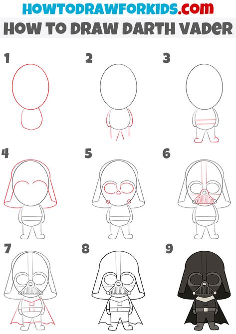 How to Draw Darth Vader - Easy Drawing Tutorial For Kids Darth Vader Cartoon Drawing, Darth Vader Easy Drawing, How To Draw Darth Vader Step By Step, Darth Vader Doodle, Darth Vader Painting Easy, How To Draw Star Wars Step By Step, Easy Starwars Drawing, How To Draw Darth Vader, How To Draw Star Wars Characters