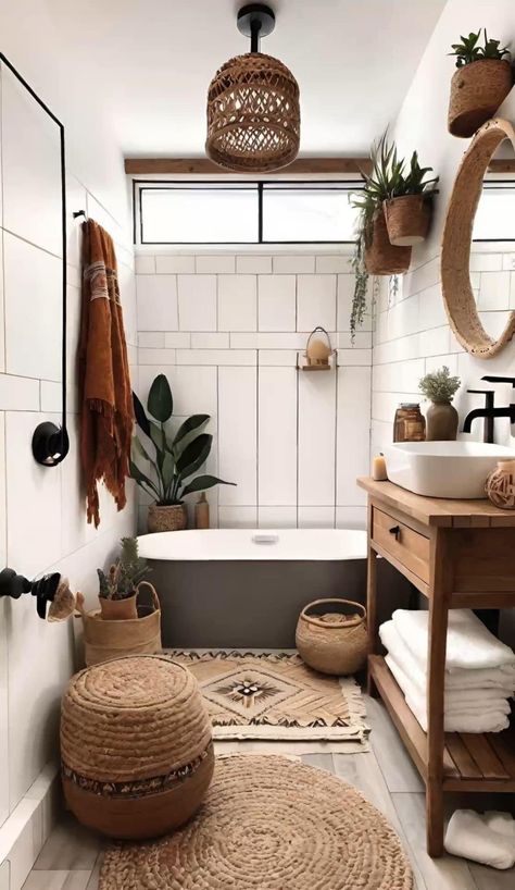 Master Bath Boho Farmhouse, Bohemian Bathroom Ideas Vintage, Boho White Bathroom Ideas, Black Bohemian Bathroom, Clean Boho Bathroom, Boho Scandinavian Bathroom, Bathroom Bohemian Style, Mid Century Boho Bathroom, Boho Restroom Decor