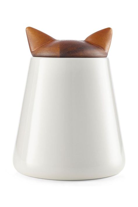 The perfect spot to stash away treats for your favorite pampered furball. The pointy cat ears on top of the acacia wood lid ensures that you never confuse it with your human cookie jar. Cat Treat Jar, Cute Cat Ears, Garage To Living Space, Pointy Ears, Treat Jar, Wood Cat, Treat Jars, Ceramics Projects, Cat Ornament