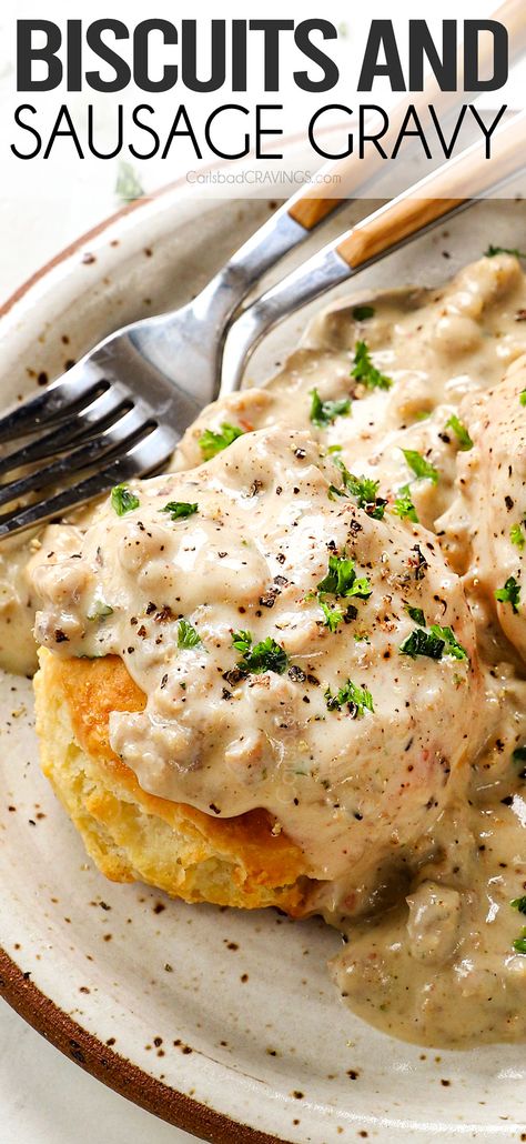 Biscuits and Gravy Homemade Biscuits And Gravy, Biscuits And Gravy Recipe, Biscuits And Sausage Gravy, Biscuits And Sausage, Homemade Gravy For Biscuits, Best Biscuits And Gravy, Sweet Toast, Best Homemade Biscuits, Sausage Gravy And Biscuits