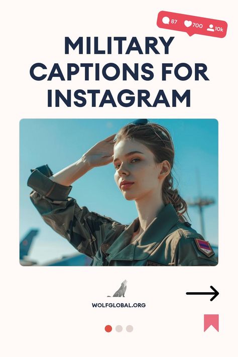 Promotional graphic for military captions on Instagram featuring a saluting woman in uniform.
A graphic with a checklist of motivational military-themed statements, a call-to-action button, and a website URL.
A smiling woman with a laptop surrounded by social media icons advertising a free Instagram engagement service. Army Officer Quotes, Army Captions For Instagram, Njrotc Aesthetic, Army Motto, Movie Captions, Army Basic Training, Soldier Quotes, Army Baby, Baby Captions