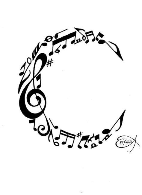 Music notes C monogram in the shape of a crescent moon can also be used as a tattoo or logo. - DdO:) MOST POPULAR RE-PINS -  http://www.pinterest.com/DianaDeeOsborne/logic-math-music - LOGIC & MATH & MUSIC Pinterest Board. Emblem includes treble cleft, 16th notes, flats, sharps,  and musical rest notations. Pin via Amy Wates. ARTIST CREDIT: PHIHEGI (signed copy) Skull Music Note, Burnt Hats, Cricut Stencil, Music Doodle, Logo Description, Music Notes Tattoo, Music Notes Art, Music Note Tattoo, Moon Tattoos