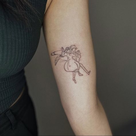 Howls Moving Castle Tattoo Calcifer, Howls Moving Castle Tattoo Minimalist, Howl And Sophie Tattoo, Howls Moving Castle Tattoo, Howl's Moving Castle Tattoo, Black Flash Tattoos, Anime Arms, Ghibli Tattoos, Fandom Tattoos