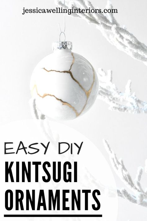 Make stunning kintsugi glass ornaments for the tree in just a few minutes! This easy DIY Christmas craft uses gold leaf paint. Kintsugi Christmas Ornament, Kintsugi Diy, Gold Leaf Paint, Modern Christmas Decor, Unique Christmas Ornaments, Website Logo, Gold Leaf Painting, Glass Bauble, Easy Christmas Diy