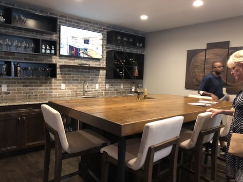 Table For Basement Bar, Basement Bar Seating, Butcher Block Bar Top Basement, Basement With Bar And Pool Table, High Top Bar Table For Basement, Basement Bar With Tv Industrial, Basement Bar With Tv Farmhouse, Basement Bar Remodel, Basement Wet Bar Table & Stools