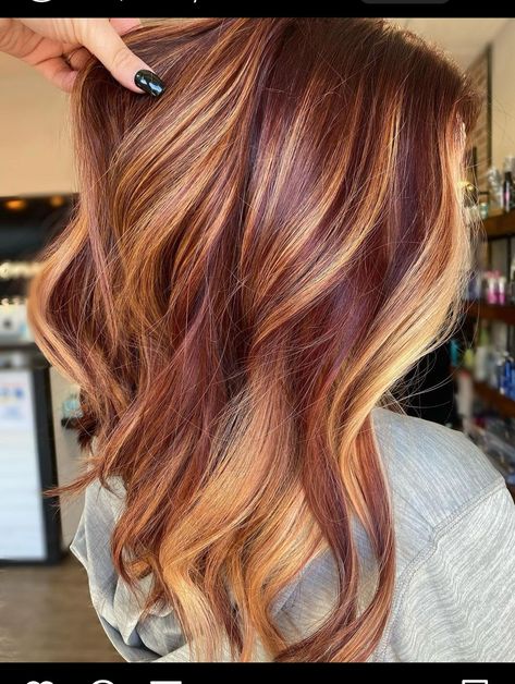 Brunette With Red And Blonde Balayage, Copper Red And Blonde Highlights, Pumpkin Pie Hair, Brown Hair With Copper And Blonde Highlights, Red Dimensional Hair Color, Dark Brown And Orange Hair, Plum And Blonde Hair, Copper And Caramel Highlights, Red Hair 2024