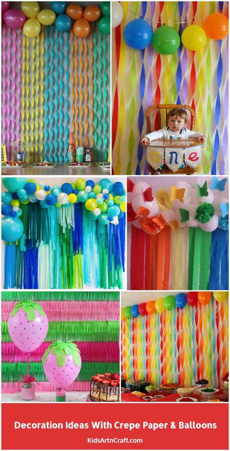 Decoration Ideas with Crepe Paper & Balloons Check more at https://www.kidsartncraft.com/decoration-ideas-with-crepe-paper-balloons/ How To Decorate With Crepe Streamers, Crape Paper Decoration, Crape Paper Decorations, Crepe Paper Backdrop, High Ceiling Decorating, Paper Wedding Decorations, Crepe Paper Garland, Crepe Paper Decorations, Paper Balloons