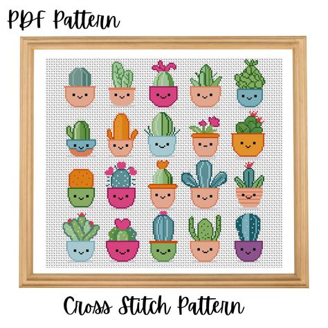 Kawaii Home, Overall Pattern, Electronics Pattern, Cactus Cross Stitch, Cactus Plant Pots, Home Plants, Plants Cactus, Plants Pots, Aida Fabric