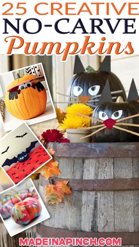 If you don’t want to carve pumpkins this year, you’re gonna love these pumpkin decorating ideas for kids! Carving jack-o-lanterns is a tradition that’s been around for a long time. But if you’re anything like me, the idea of having your kids around carving utensils is a little scary! Thankfully, there are fun and clever ways to decorate pumpkins without carving them – and I’m bringing you some of my very favorite ideas. | @madedotcom Decorate Pumpkins Without Carving, Ways To Decorate Pumpkins, Pumpkin Decorating Ideas For Kids, Unique Pumpkin Decorating, Decorate Pumpkins, Halloween Craft Activities, Carve Pumpkins, Fun Fall Decor, Pumpkin Decorating Ideas