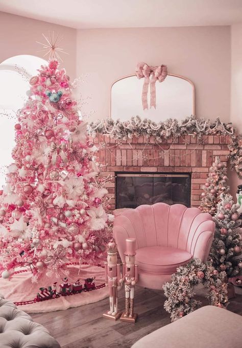 Faux Fur Tree Skirt, A Pink Christmas, Slim Christmas Tree, Pink Inspiration, Pink Tree, Pink Christmas Decorations, Pink Holiday, Flocked Christmas Trees, Pink Trees