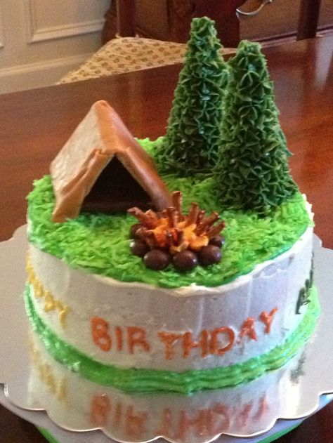 Completely edible Camping cake with trees, fire and tent Outdoors Birthday Cake, Camping Theme Cakes, Camping Birthday Cake, Campfire Cake, Camping Theme Birthday Party, Camping Cakes, Camping Theme Birthday, Camping Theme Party, Camping Birthday Party