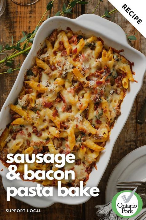 Sausage & Bacon Pasta Bake Recipe Chicken Bacon Sausage Recipes, Italian Sausage And Bacon Recipes, Sausage And Bacon Casserole, Ground Sausage And Bacon Recipes, Sausage Bacon Pasta, Bacon And Sausage Recipes, Sausage And Bacon Recipes, Recipes Using Italian Sausage, Bacon Pasta Recipes