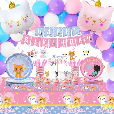 PRICES MAY VARY. Cats Birthday Party Supplies: you will get 1 x cat happy birthday banner, 24 pieces cat cupcake toppers (6 styles), 1 x cake topper cats, 12 x swirls (6 pink and 6 blue) with 12 pieces cat cards (6 styles), 2 x cat tablecloth for birthday party, 16 pieces of 9 inch cat party plates, 16 pieces of 7 inch cat party plates, 16 pieces of paper cups, 16 sets of tableware (16 forks, 16 spoons, 16 knives), 50 sheets napkins, 6 pieces foil cat balloons, 48 pieces 12 inch latex cat birthd Kitty Cat Birthday Party Food, Cat Birthday Decorations, Cat Party Decorations, Cat Balloons, Cat Cupcakes, Cat Happy, Cat Birthday Party, Birthday Party Food, 12th Birthday