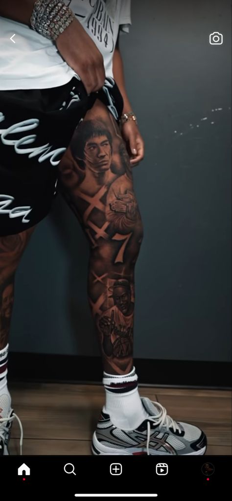 Mens Tattoo Leg Sleeve Ideas, Devin Haney Leg Tattoo, Leg Sleeve Tattoo Male Ideas, Urban Tattoos Designs Men, Leg Tattoo Sleeve Ideas, Front Thigh Tattoos Men, Unique Leg Tattoos For Men, Leg Tattoo Black Men, Gervonta Davis Tattoos