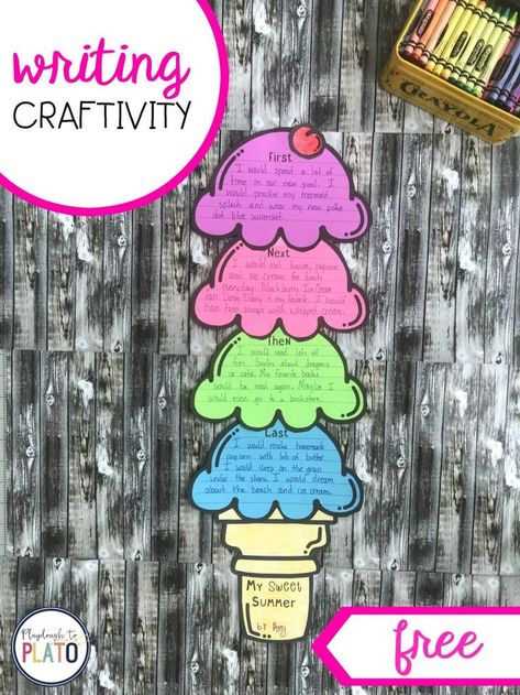 FREE Ice Cream Writing Craftivity ! The perfect way for first grade and second grade kids to review sequence writing this summer! #PlaydoughToPlato #writingcraftivity #writingfreebie #summerwriting Ice Cream Writing, Summer Writing Activity, Cool Crafts For Kids, Craft Ideas With Paper, Summer School Activities, Kindergarten Writing Activities, Sequence Writing, Ideas With Paper, Kids Craft Ideas